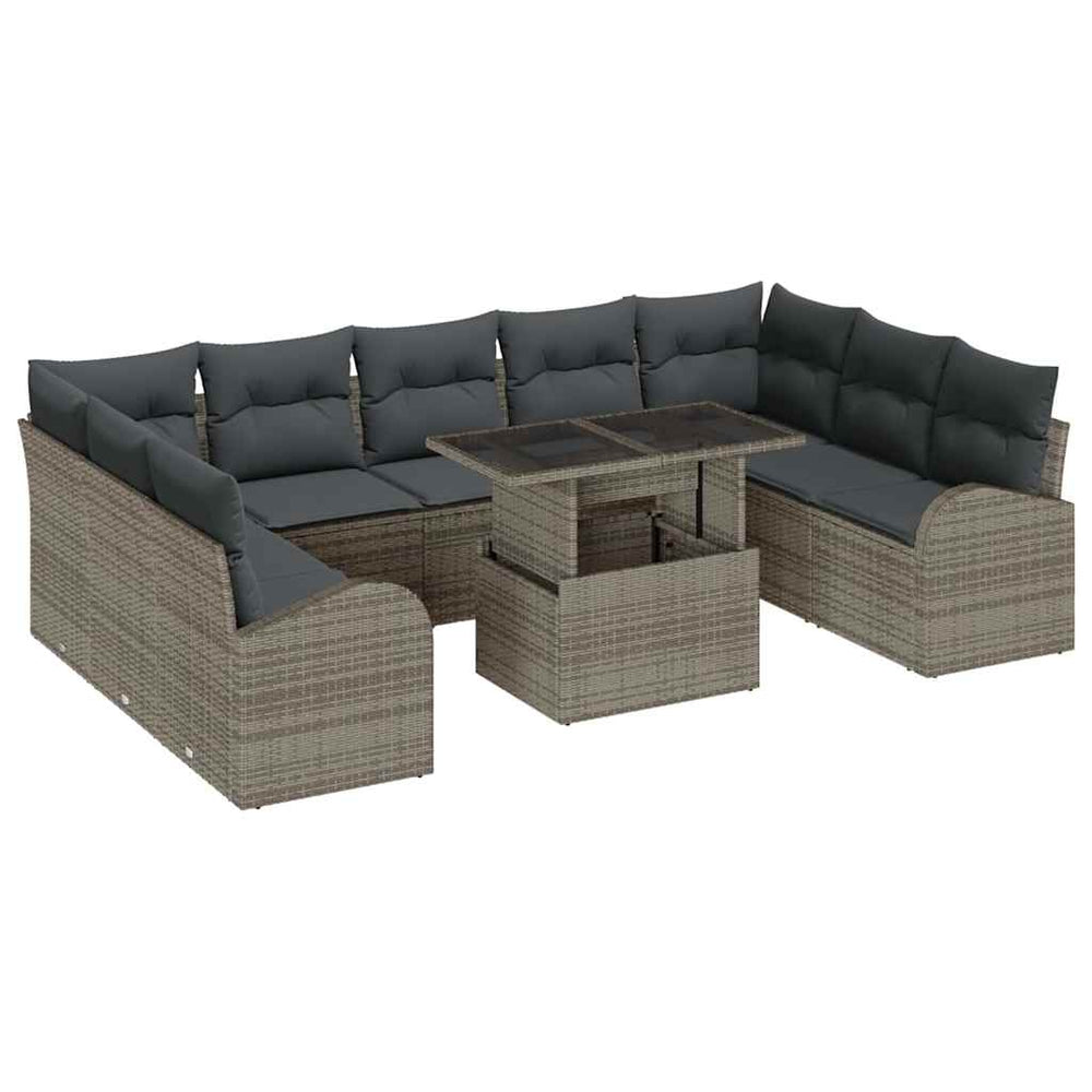 10-piece garden sofa set with cushions, grey poly rattan