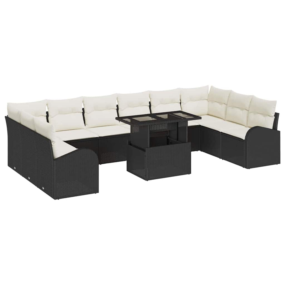 11-piece garden sofa set with cushions, black poly rattan