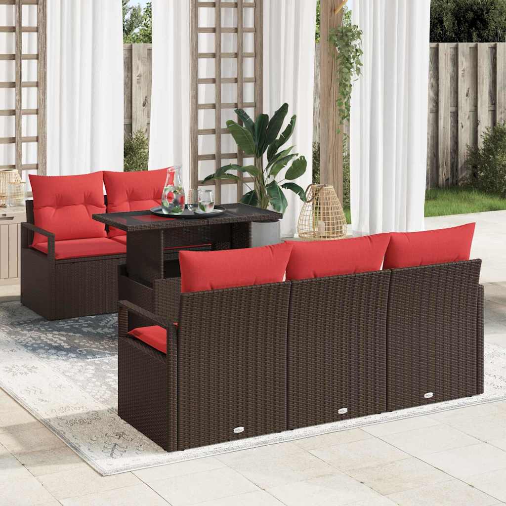 Garden Sofa Set with Cushion 6 pcs Brown and Red Poly Rattan