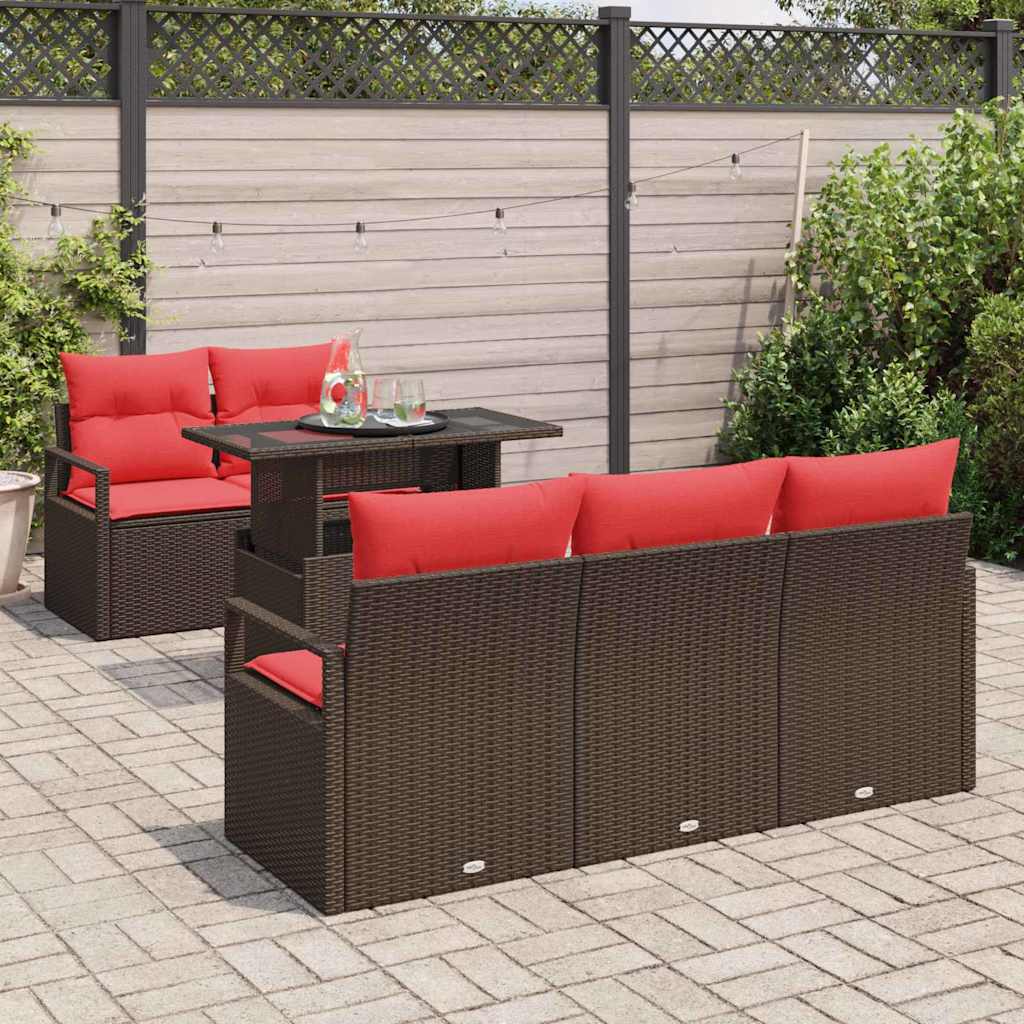 Garden Sofa Set with Cushion 6 pcs Brown and Red Poly Rattan
