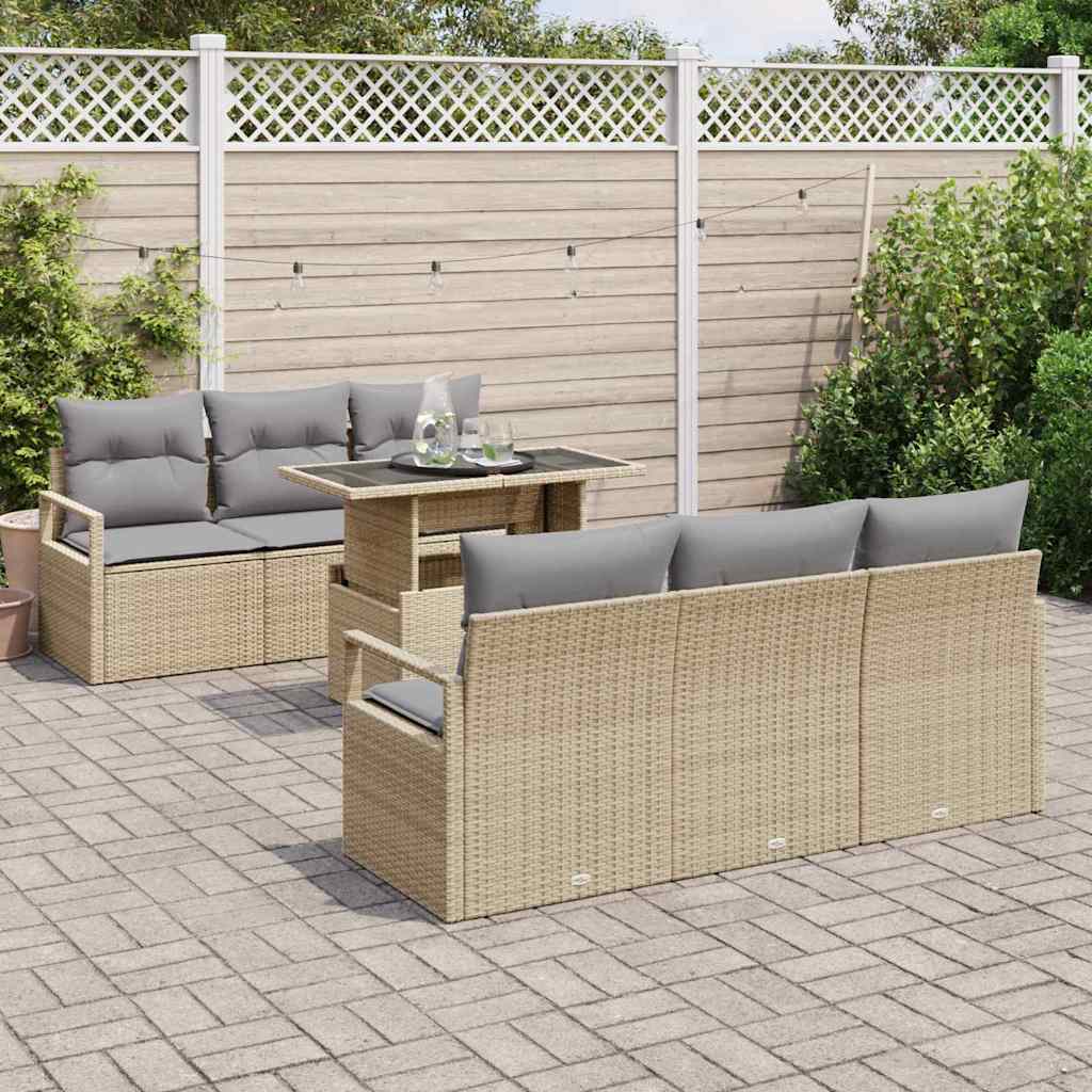 7 dalių sodo sofų komplektas su pagalvėlėmis, šviesiai smėlio spalvos poli rattan