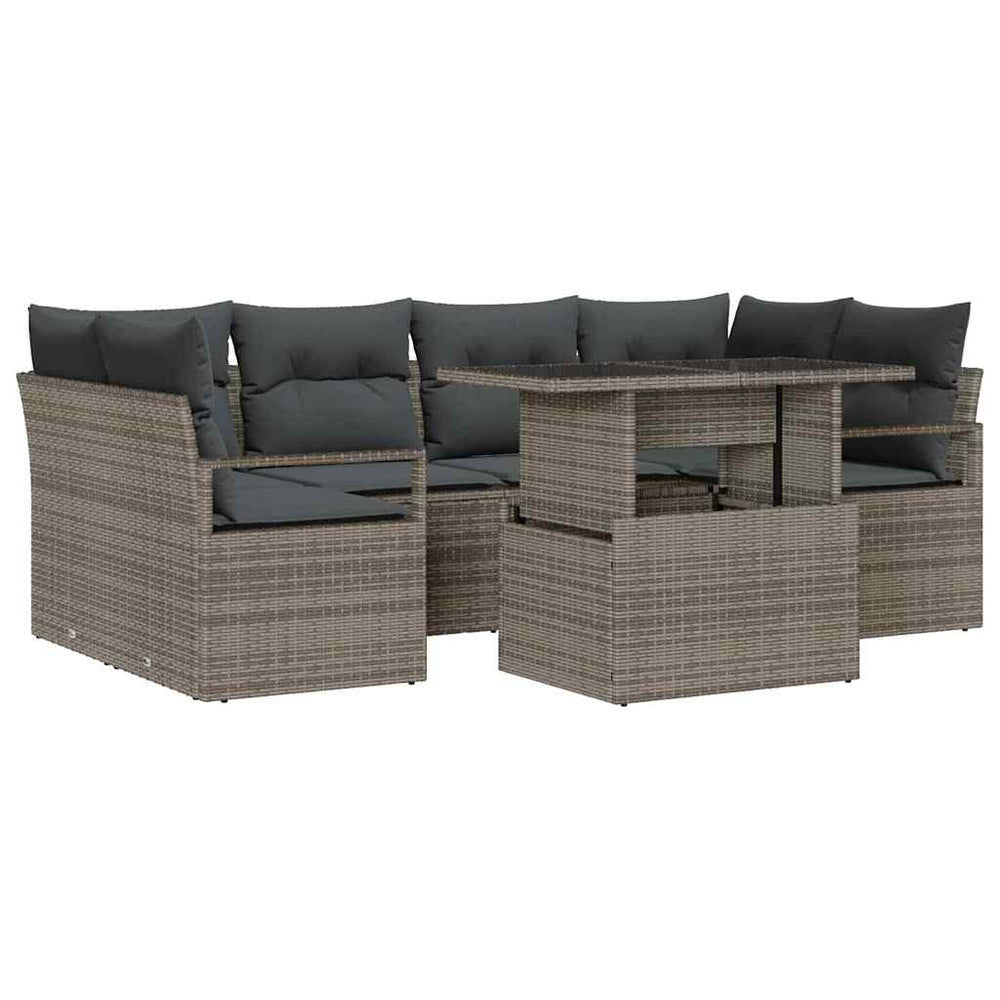 7-piece garden sofa set with cushions, grey poly rattan