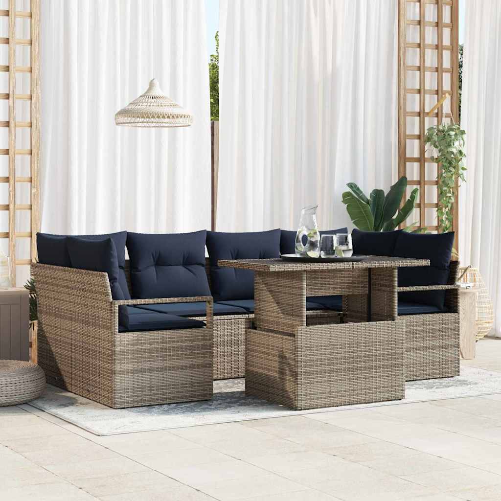 Garden Sofa Set 7 pcs grey and dark blue poly rattan