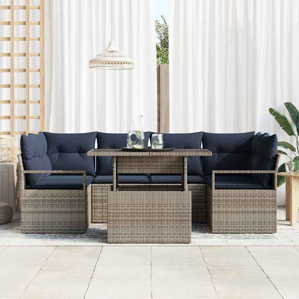 Garden Sofa Set 7 pcs grey and dark blue poly rattan