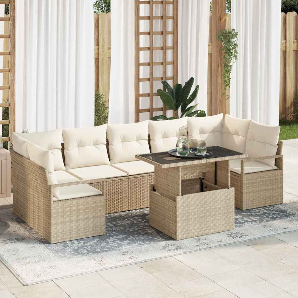 8 dalių sodo sofa rinkinys su smėlio spalvos pagalvėlėmis ir poli rataniniu dizainu