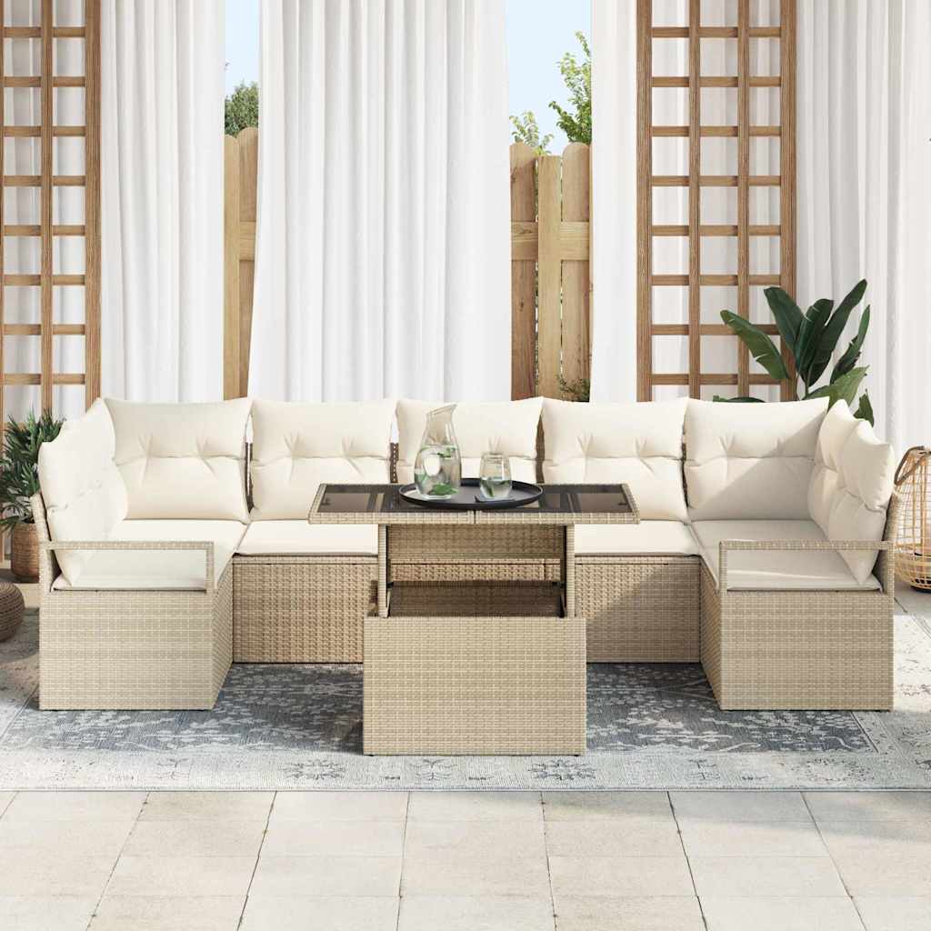 8 dalių sodo sofa rinkinys su smėlio spalvos pagalvėlėmis ir poli rataniniu dizainu