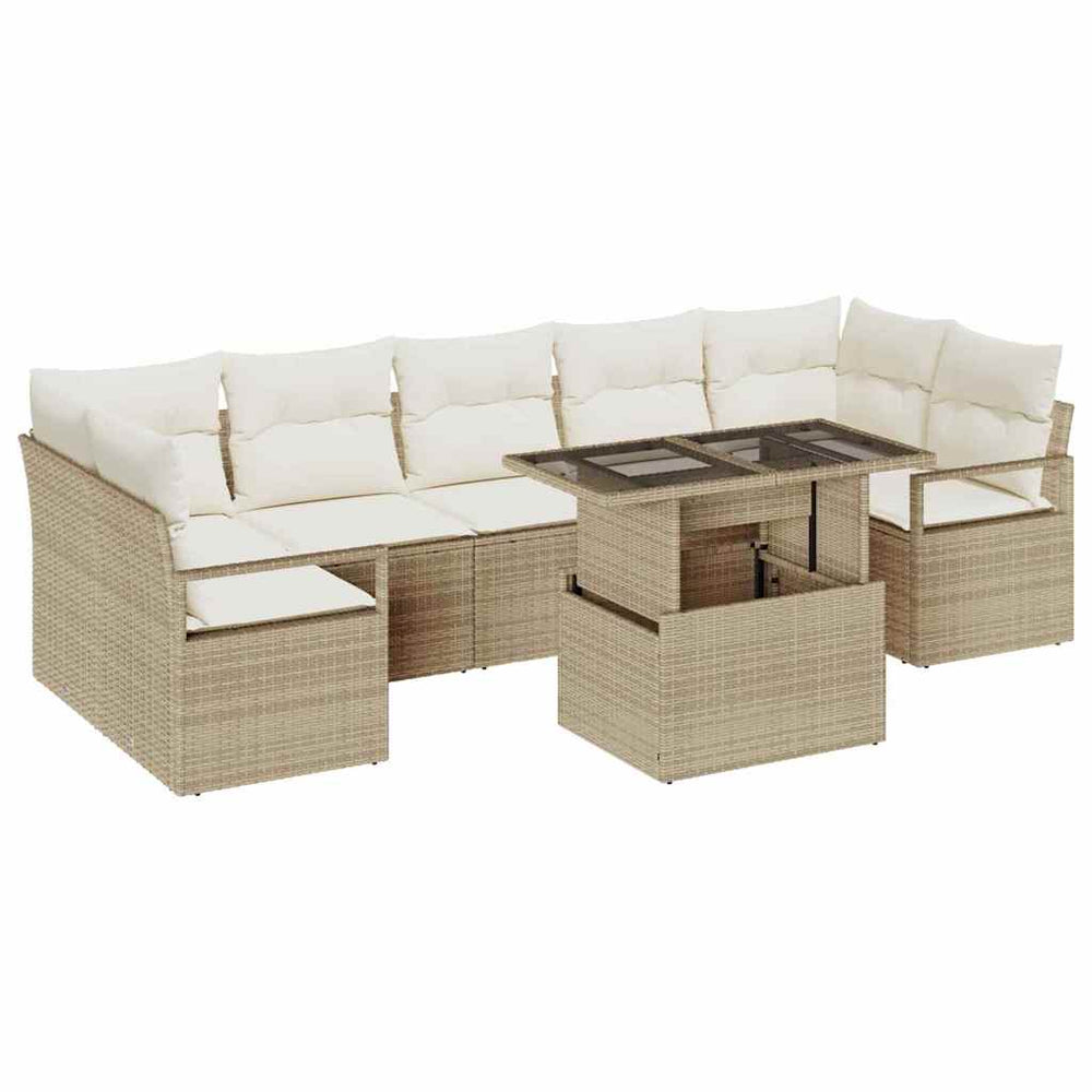 8 dalių sodo sofa rinkinys su smėlio spalvos pagalvėlėmis ir poli rataniniu dizainu