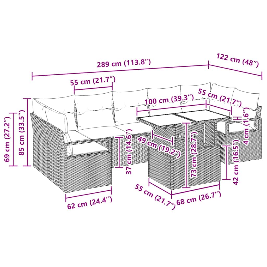 8 dalių sodo sofa rinkinys su smėlio spalvos pagalvėlėmis ir poli rataniniu dizainu