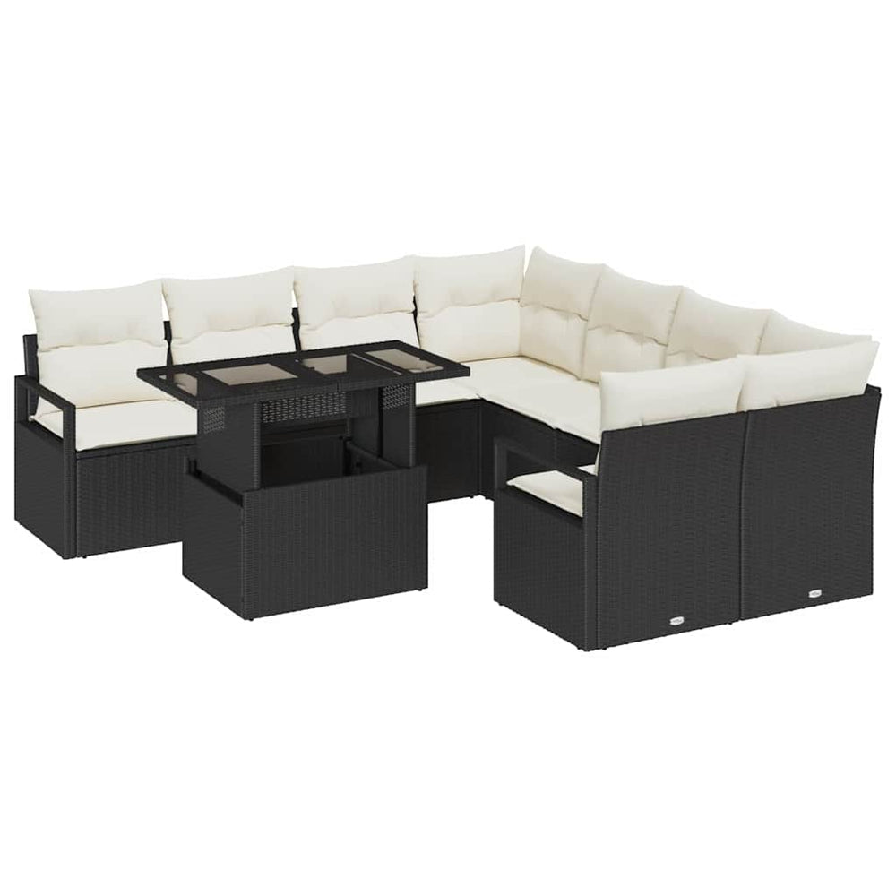 9-piece garden sofa set with cushions, black poly rattan