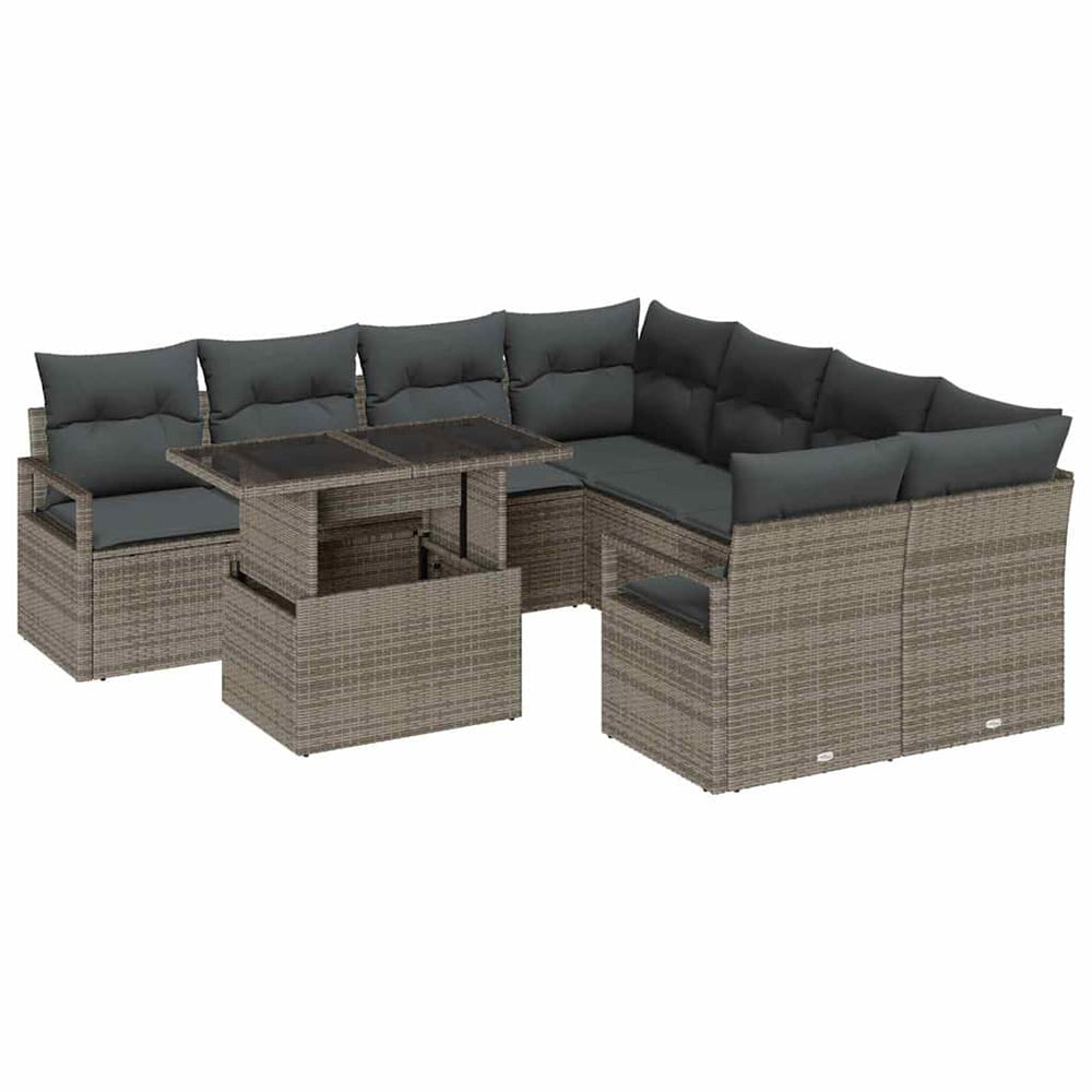 9 dalių sodo sofų komplektas su pagalvėlėmis, pilkas poliratanas