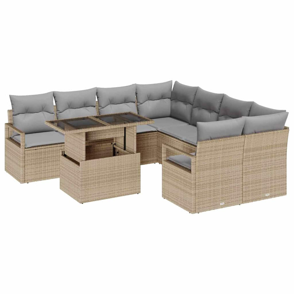 9 dalių lauko sofos komplektas su pagalvėlėmis, smėlio poli rattan