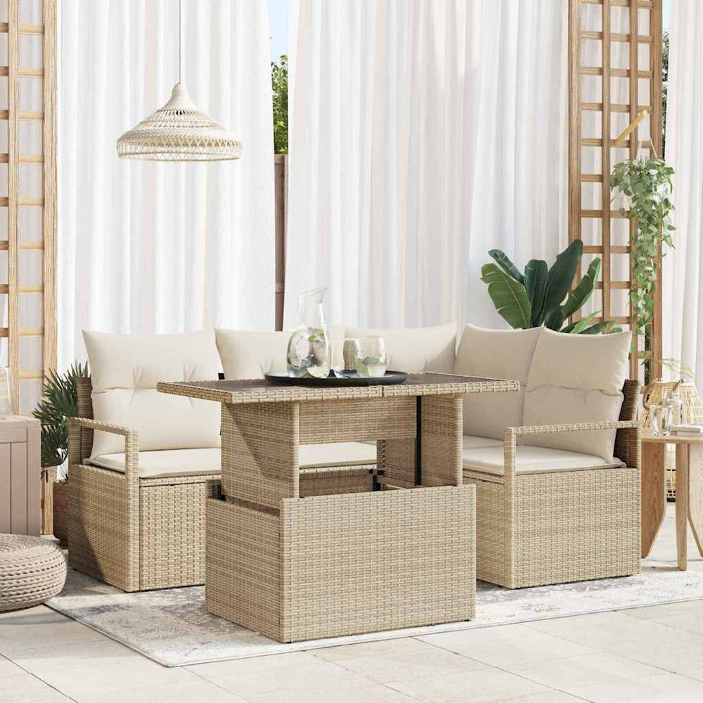 5 dalių sodo sofas su pagalvėlėm, smėlio spalvos, poli ratanas