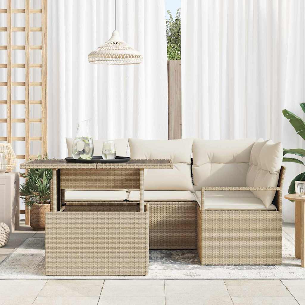 5 dalių sodo sofas su pagalvėlėm, smėlio spalvos, poli ratanas