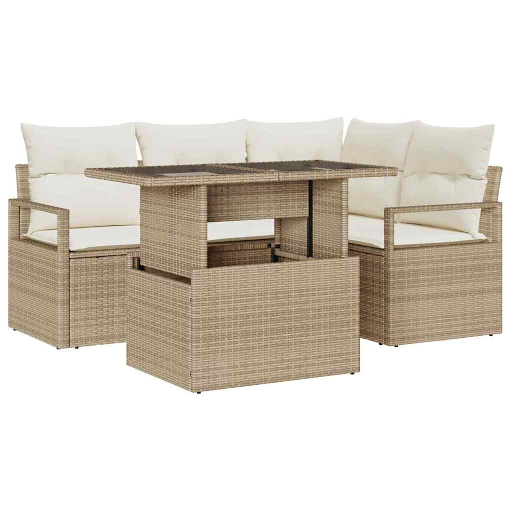 5 dalių sodo sofas su pagalvėlėm, smėlio spalvos, poli ratanas