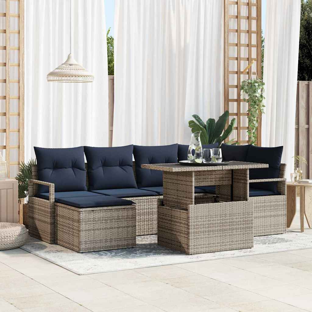 Garden Sofa Set 7 pcs Grey and Dark Blue Poly Rattan