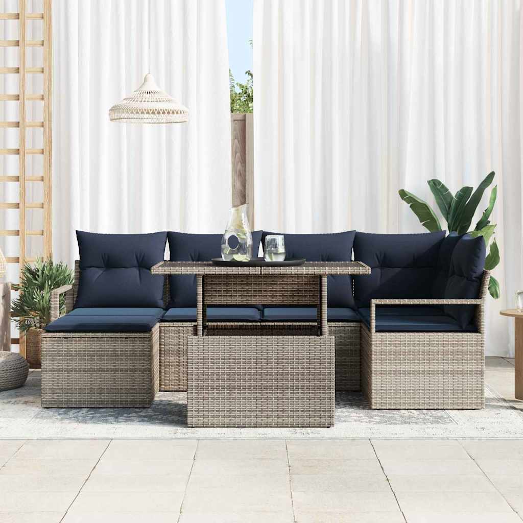 Garden Sofa Set 7 pcs Grey and Dark Blue Poly Rattan
