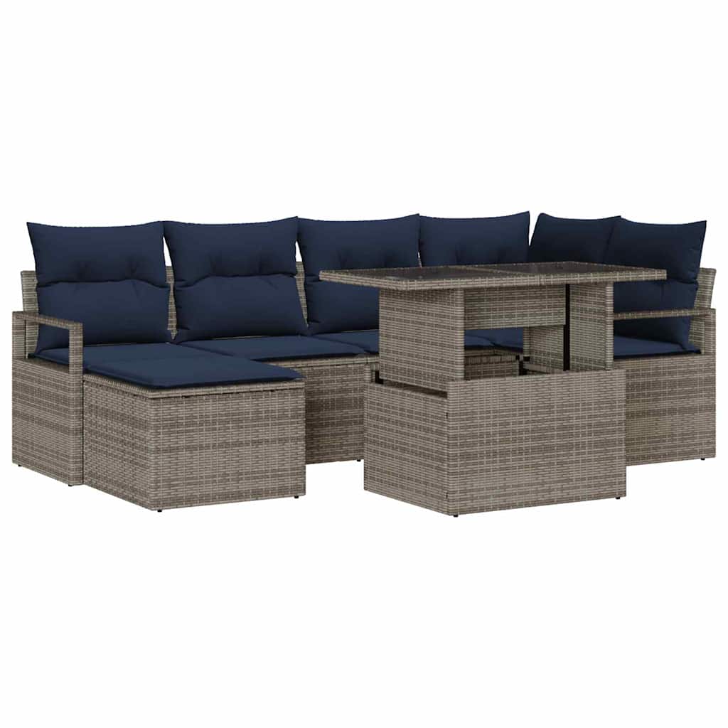 Garden Sofa Set 7 pcs Grey and Dark Blue Poly Rattan