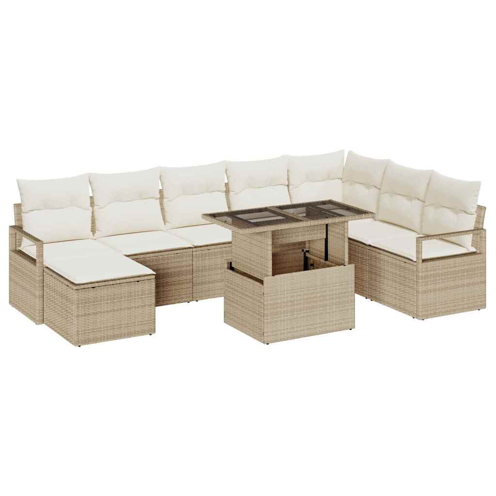 9-Piece Sofa Set with Cushions Beige Poly Rattan