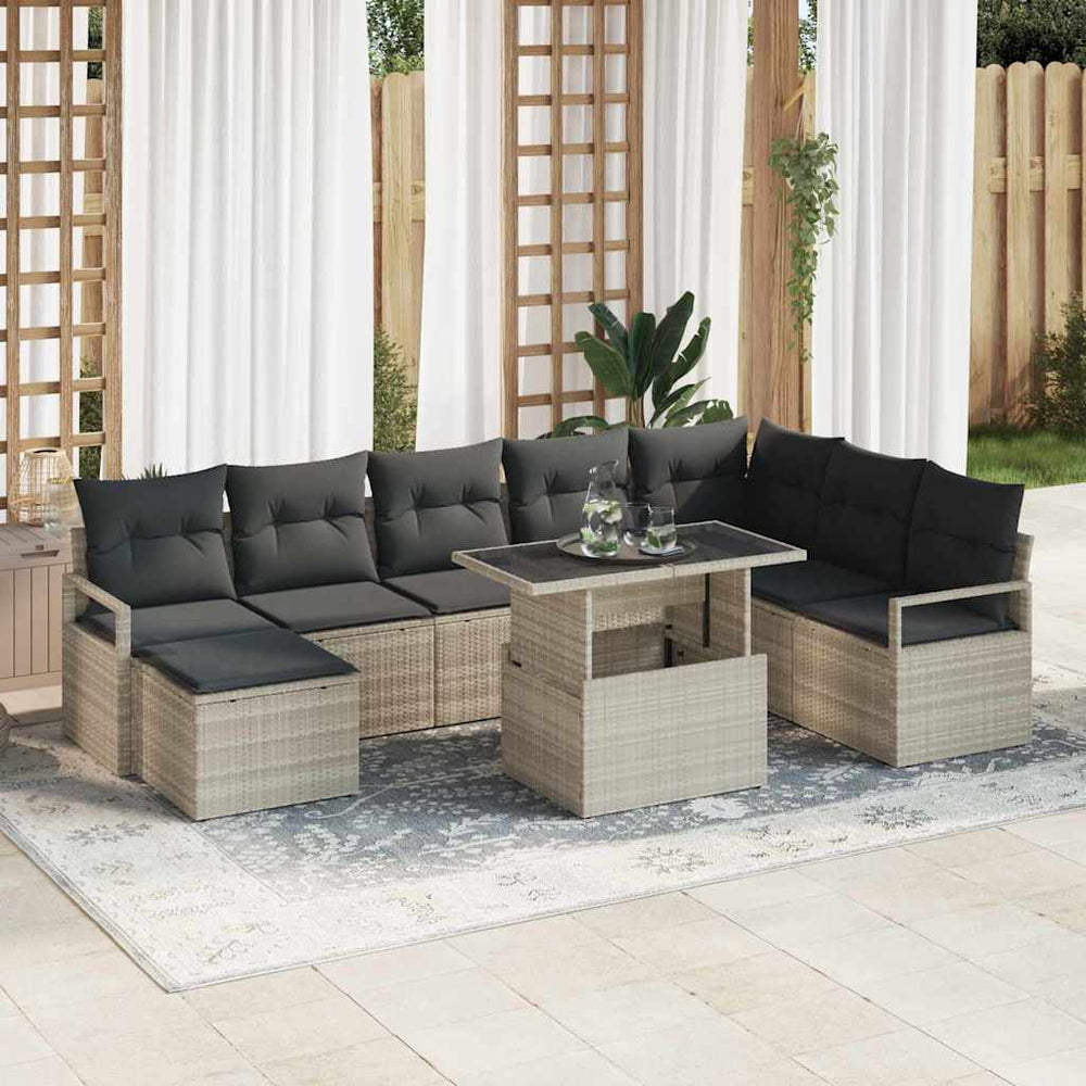 9 dalių sodo sofa su pagalvėlėm, šviesiai pilka, poli ratanas
