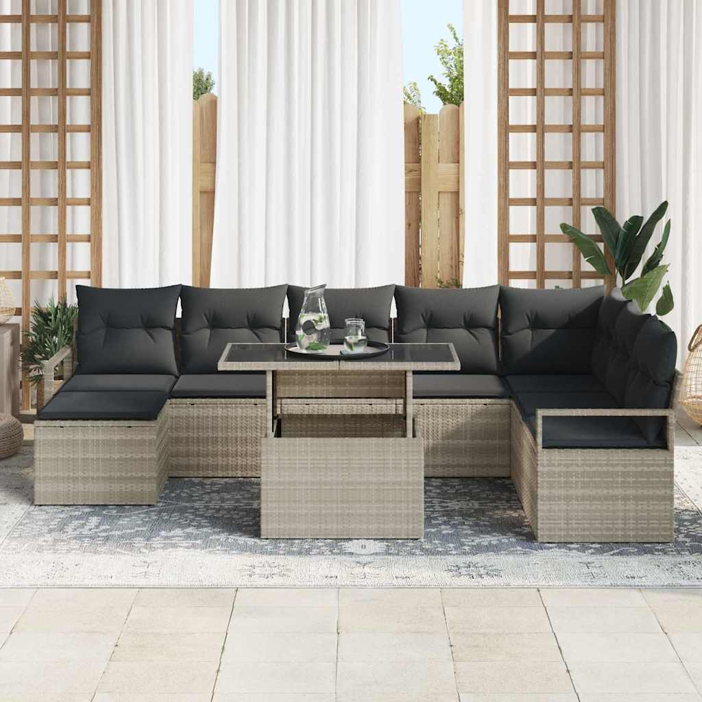 9 dalių sodo sofa su pagalvėlėm, šviesiai pilka, poli ratanas