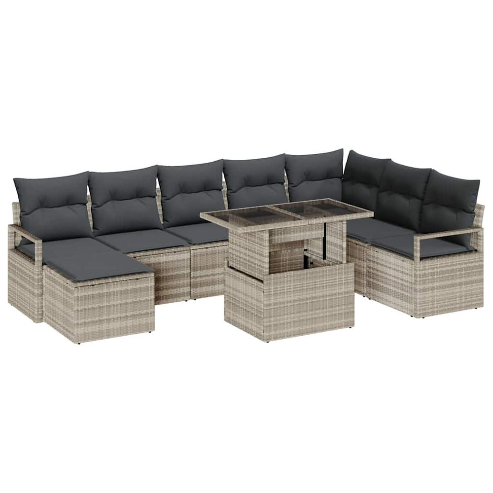9 dalių sodo sofa su pagalvėlėm, šviesiai pilka, poli ratanas
