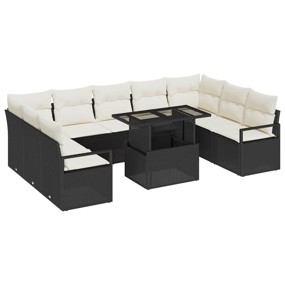 10-piece garden sofa set with cushions, black poly rattan