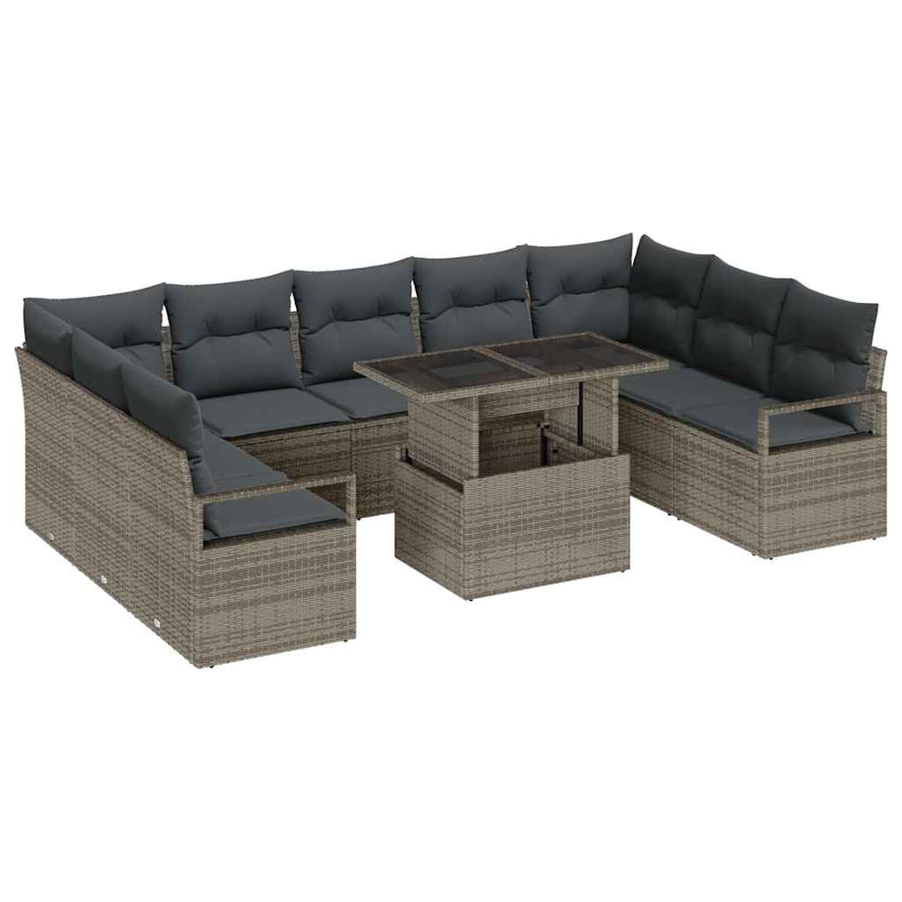 10-piece garden sofa set with cushions, grey poly rattan