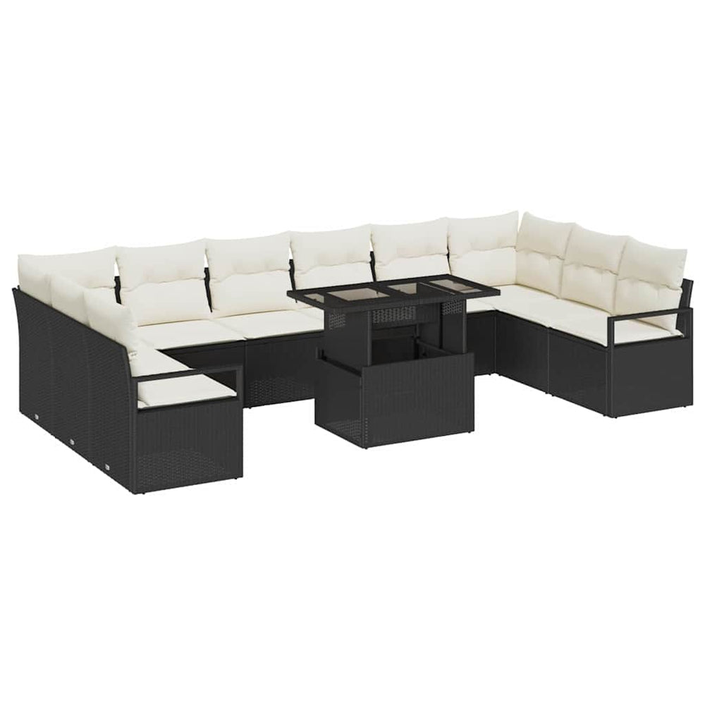 11-Piece Garden Sofa Set with Cushions, Black Poly Rattan.