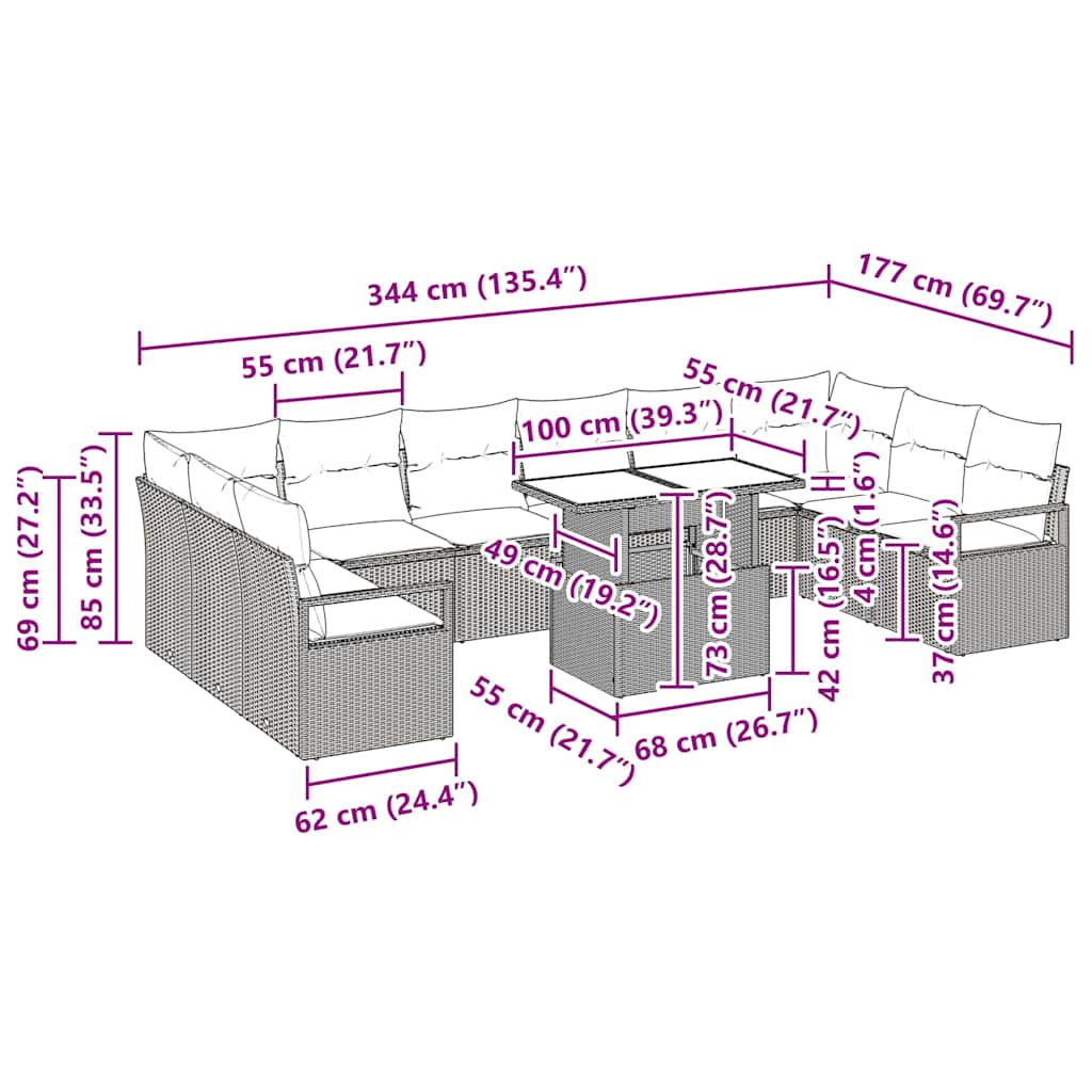 Garden Sofa Set 11 pcs Light grey 100 x 55 x 73 cm
