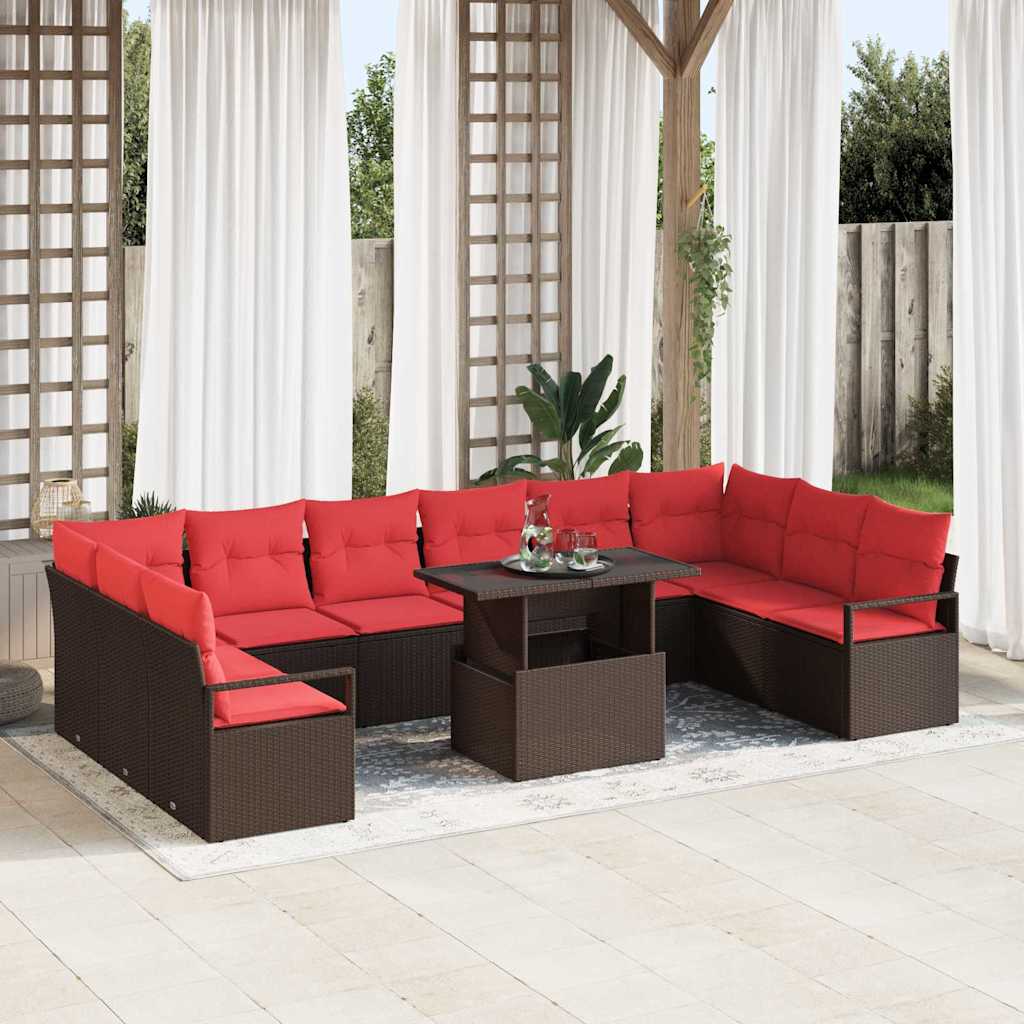 Garden Sofa Set 11 pcs Brown and red poly rattan