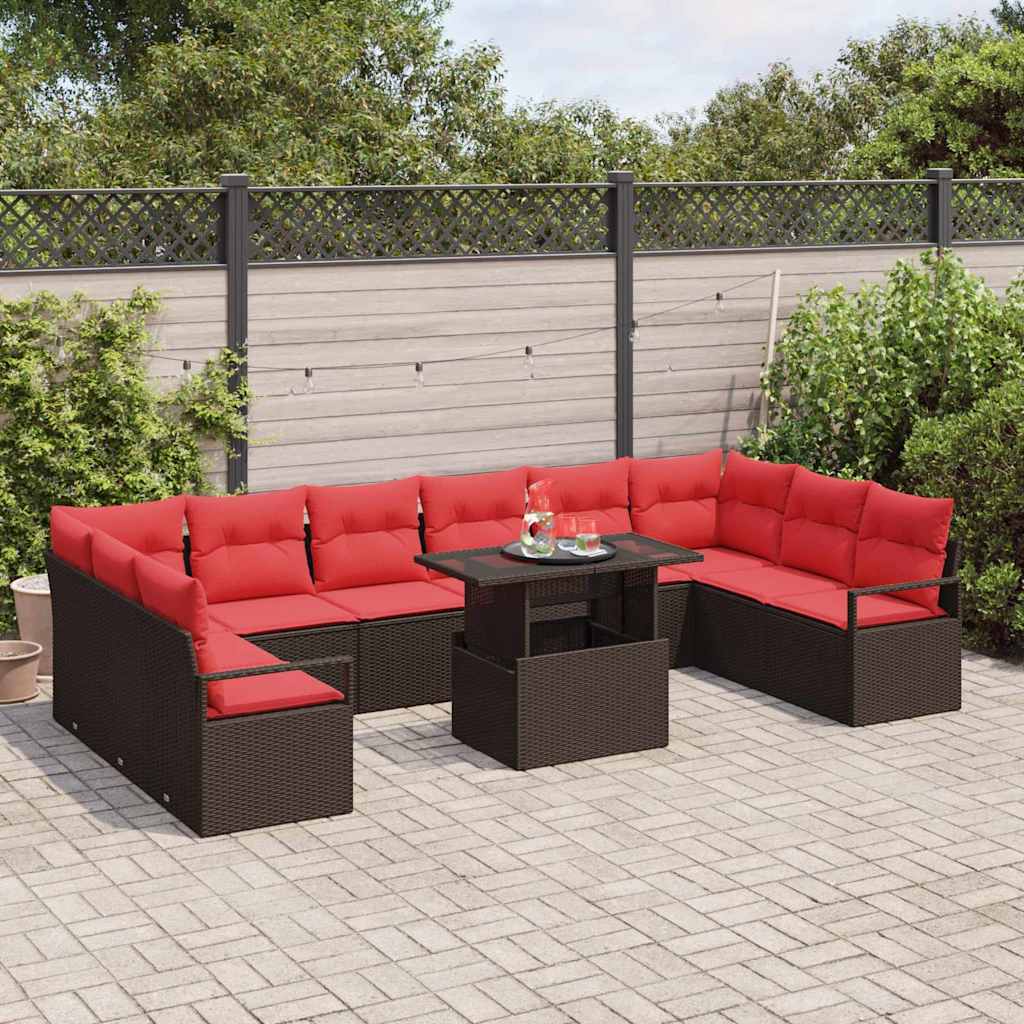 Garden Sofa Set 11 pcs Brown and red poly rattan