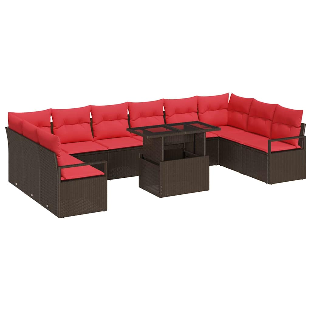 Garden Sofa Set 11 pcs Brown and red poly rattan