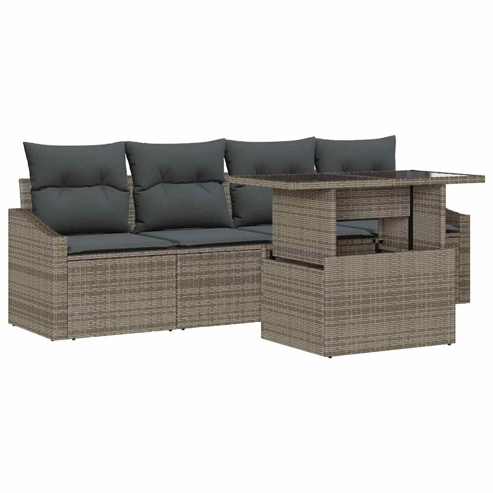 5-Piece Garden Sofa Set with Cushions, Grey Poly Rattan
