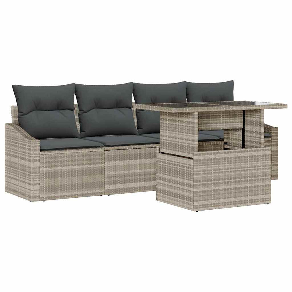 5-piece Garden Sofa Set with Cushions, Light Grey Poly Rattan
