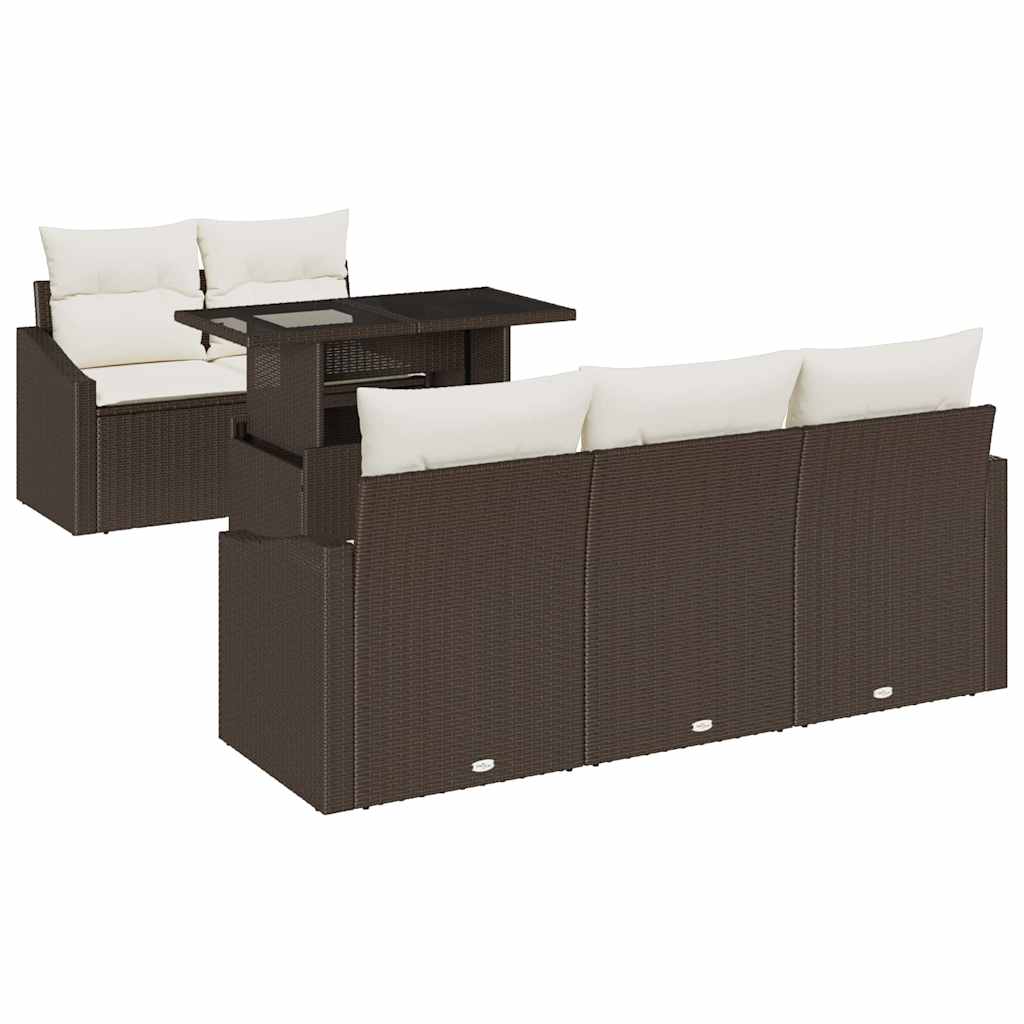 6-piece garden sofa set with cushions, brown poly rattan