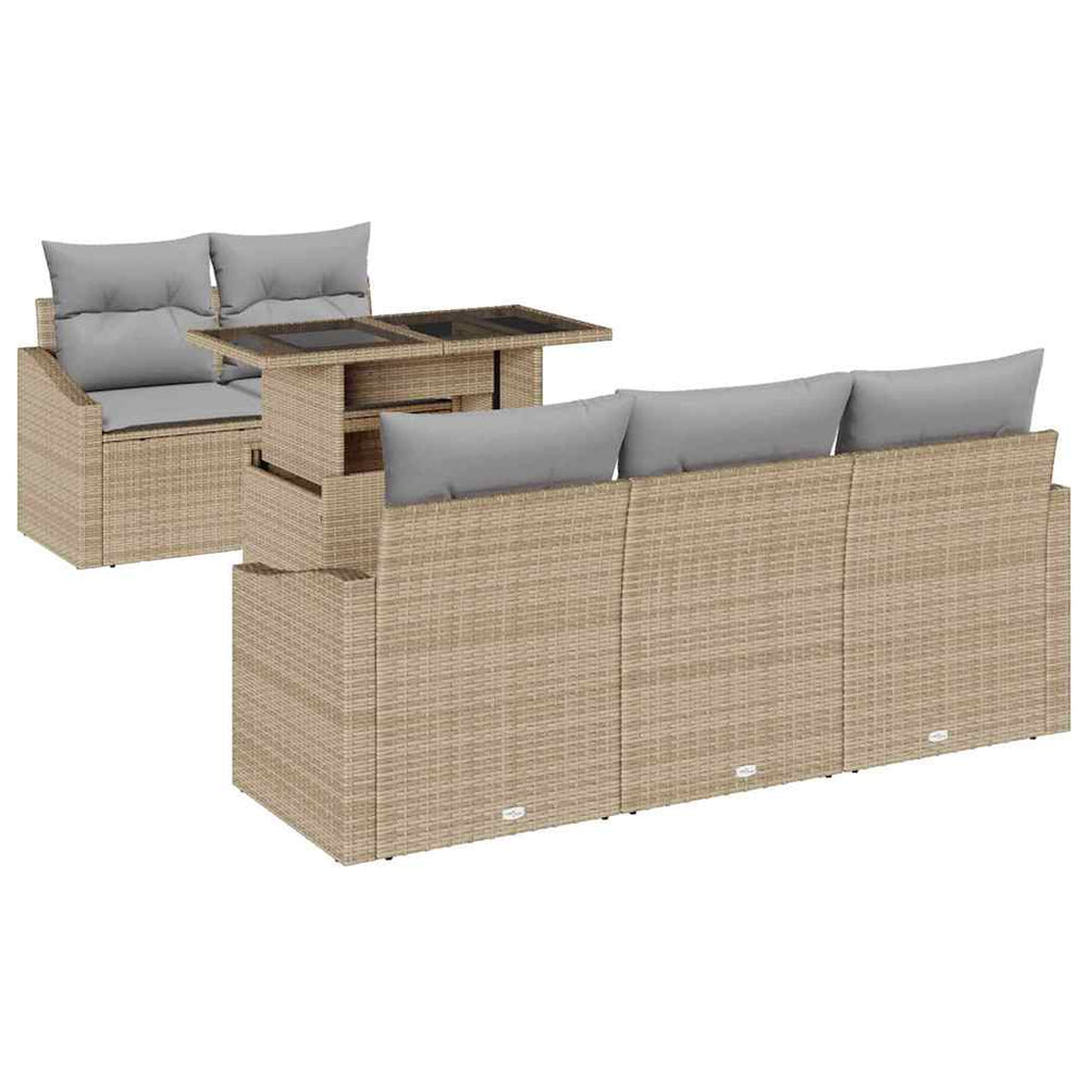 6-piece garden sofa set with cushions, beige poly rattan