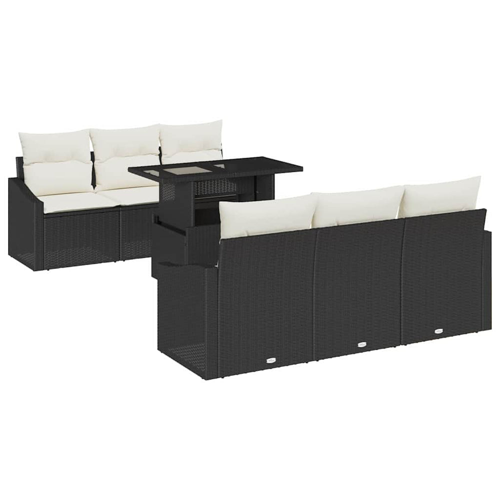 7-Piece Garden Sofa Set with Black Cushions, Poly Rattan