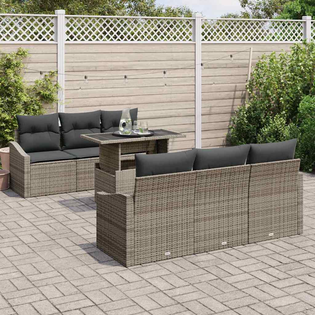 7 dalių sodo sofa rinkinys su pilkomis pagalvėlėmis, poli ratanas