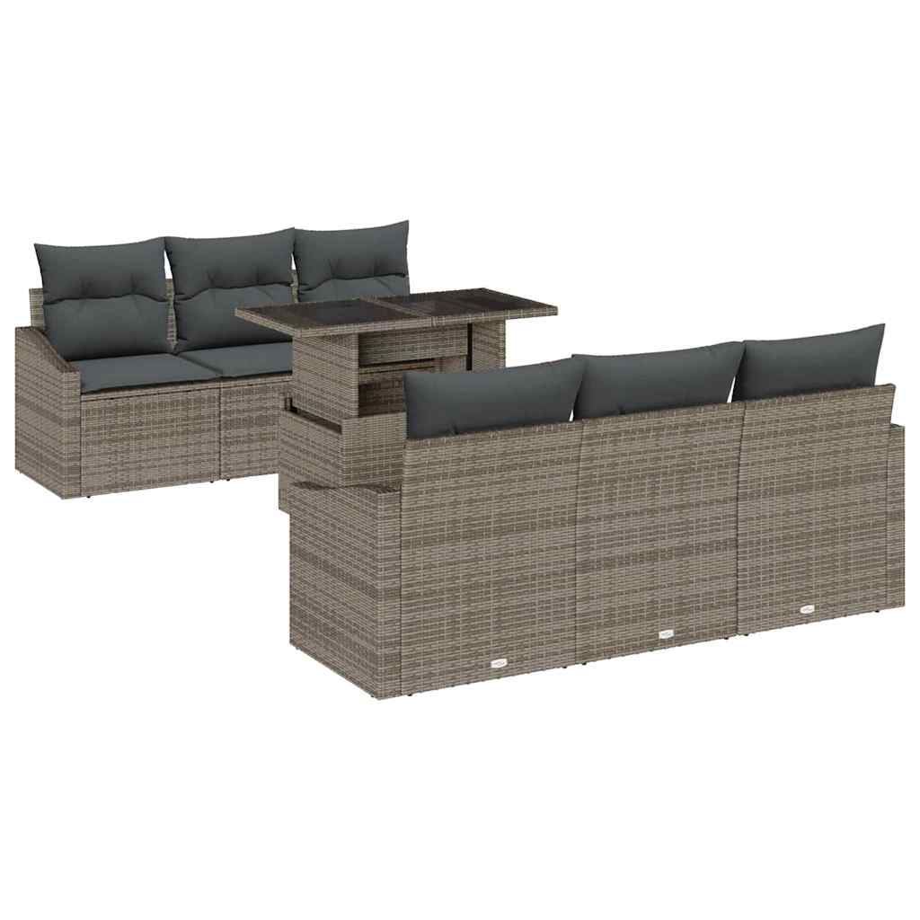 7 dalių sodo sofa rinkinys su pilkomis pagalvėlėmis, poli ratanas