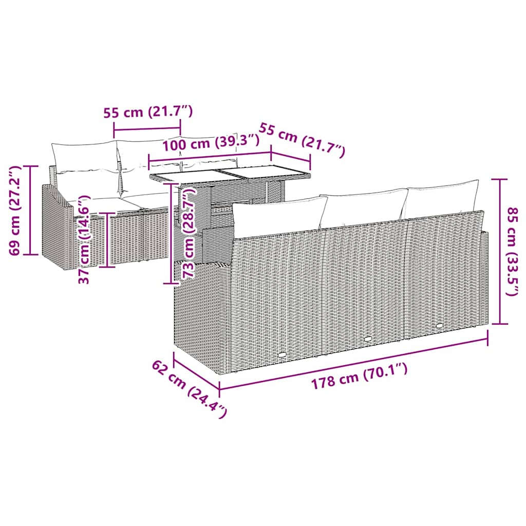 7 dalių sodo sofa rinkinys su pilkomis pagalvėlėmis, poli ratanas