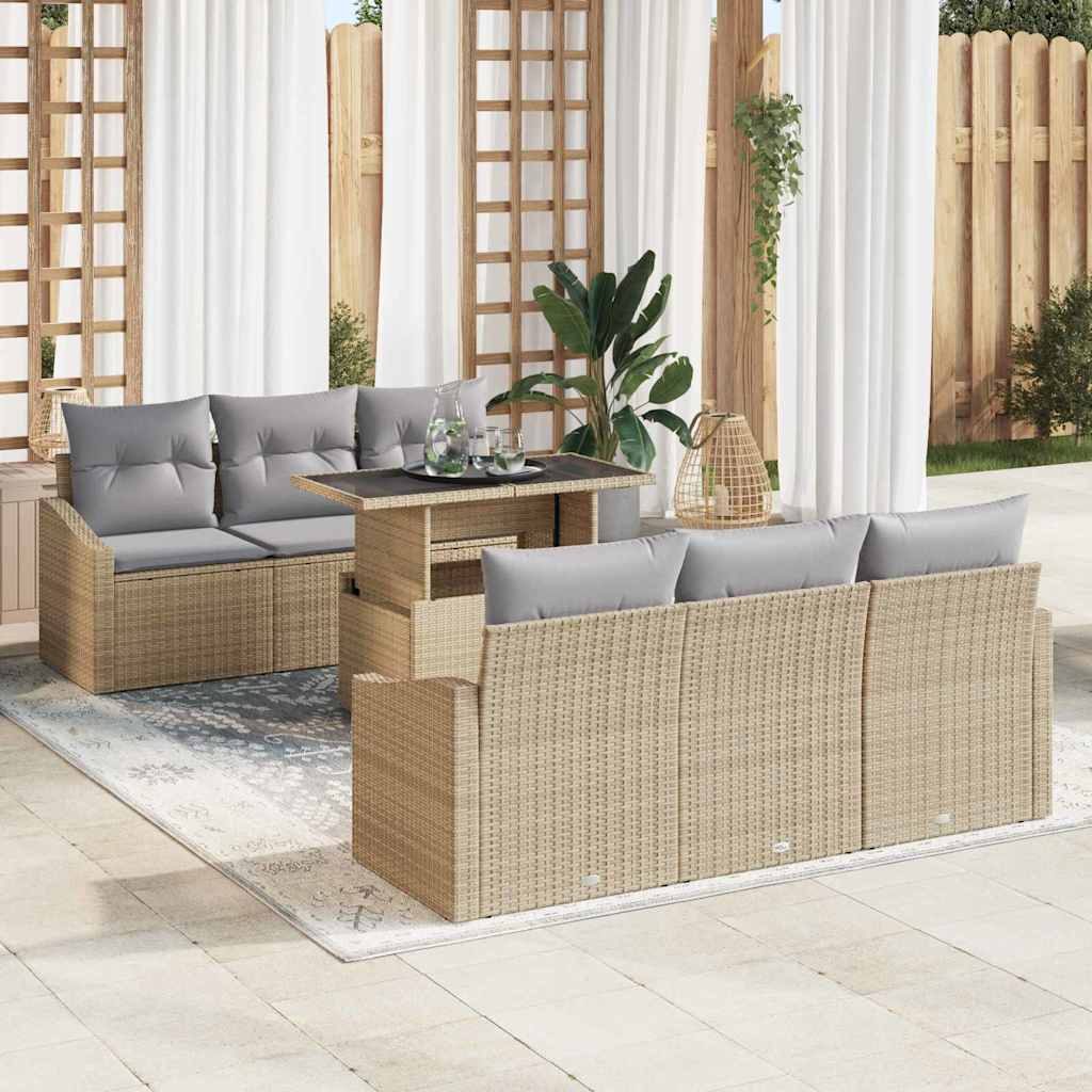 7 dalių sodo sofa rinkinys su pagalvėlėmis, smėlio spalvos poli ratanas