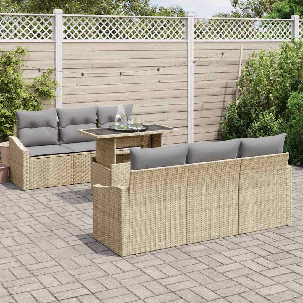 7 dalių sodo sofa rinkinys su pagalvėlėmis, smėlio spalvos poli ratanas