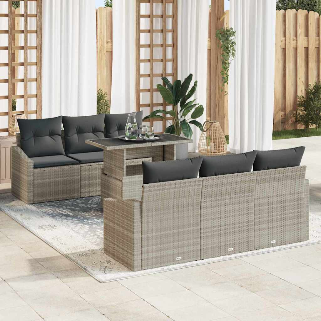<strong> 7-Piece Garden Sofa Set</strong> with light gray cushions, light poly rattan