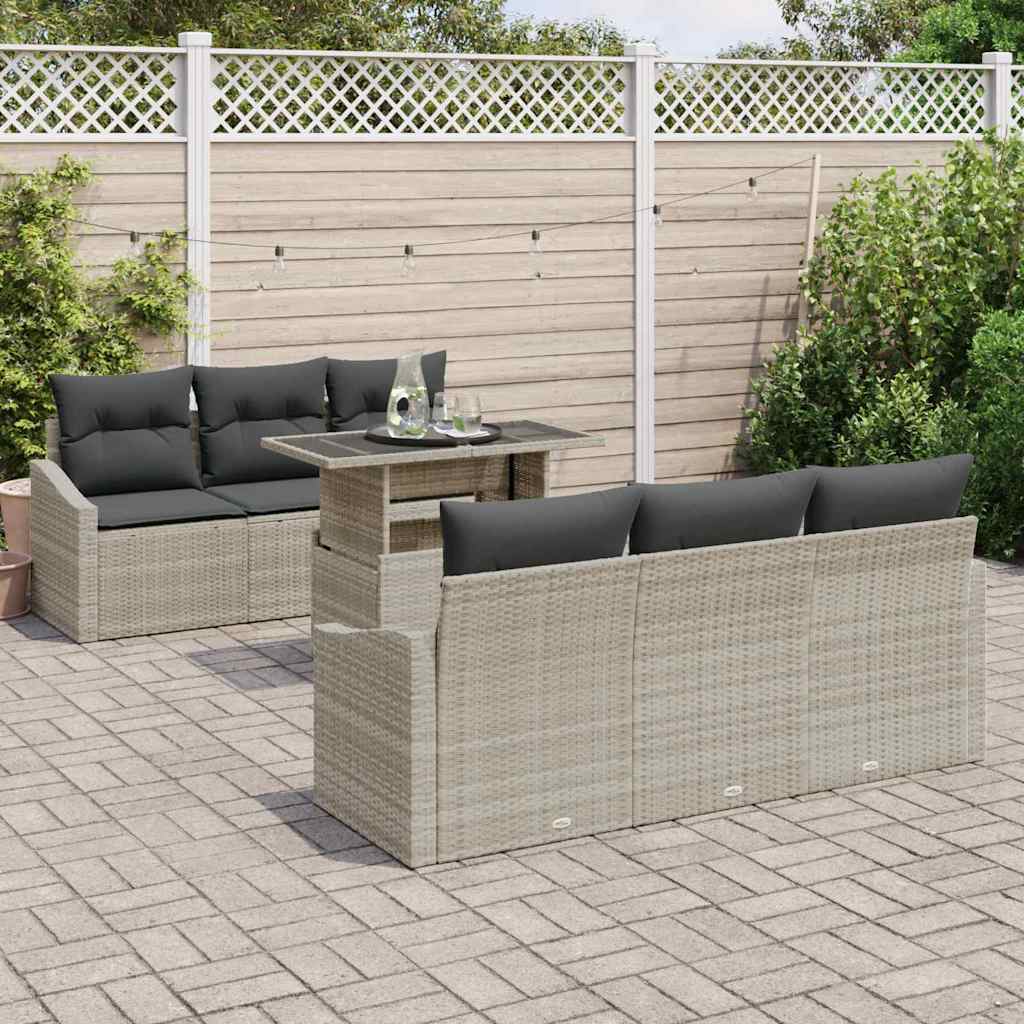 <strong> 7-Piece Garden Sofa Set</strong> with light gray cushions, light poly rattan