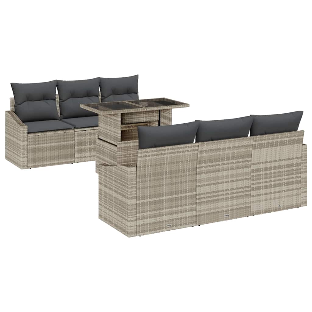 <strong> 7-Piece Garden Sofa Set</strong> with light gray cushions, light poly rattan