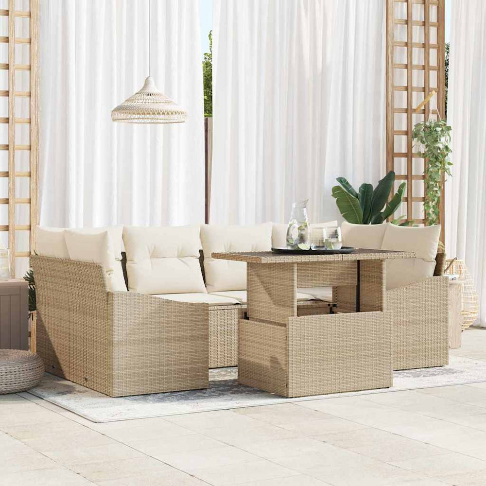7 dalių sodo sofos rinkinys su pagalvėlėm smėlio spalvos poli rattan