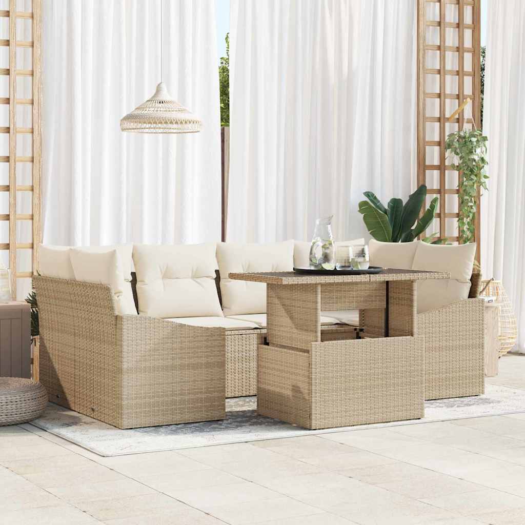 7 dalių sodo sofos rinkinys su pagalvėlėm smėlio spalvos poli rattan
