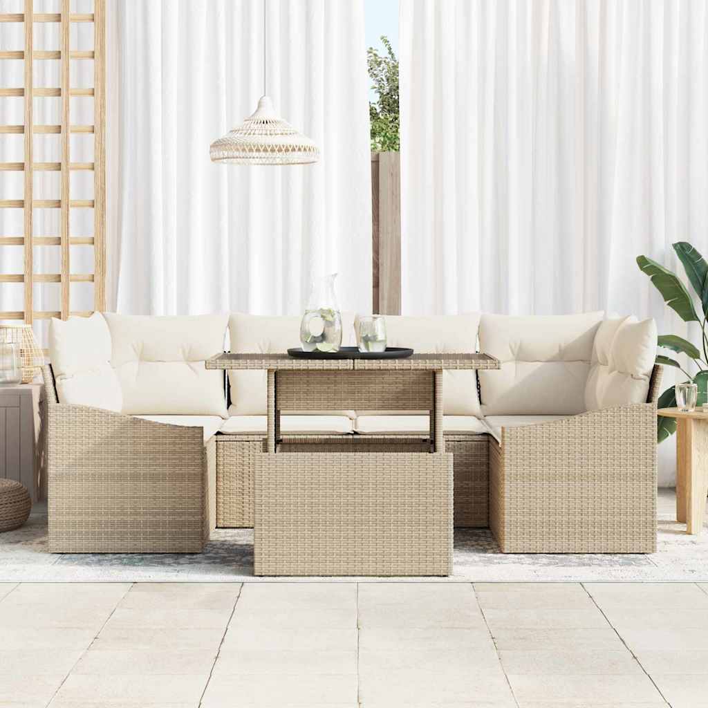 7 dalių sodo sofos rinkinys su pagalvėlėm smėlio spalvos poli rattan