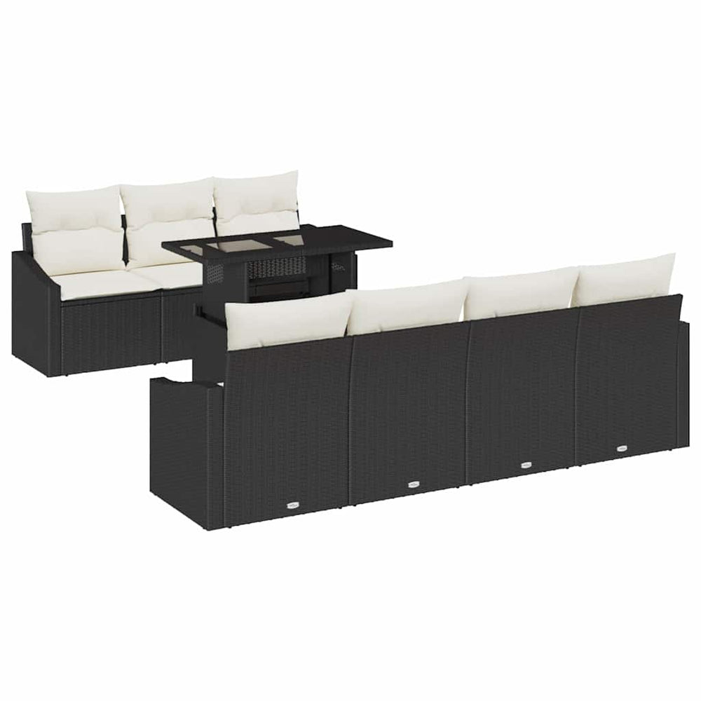 8-piece garden sofa set with cushions, black polyrattan