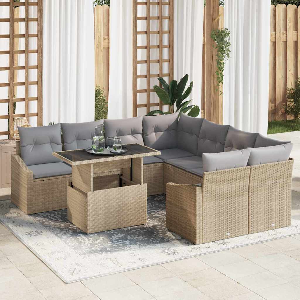 9-piece garden sofa set with cushions, light beige poly rattan